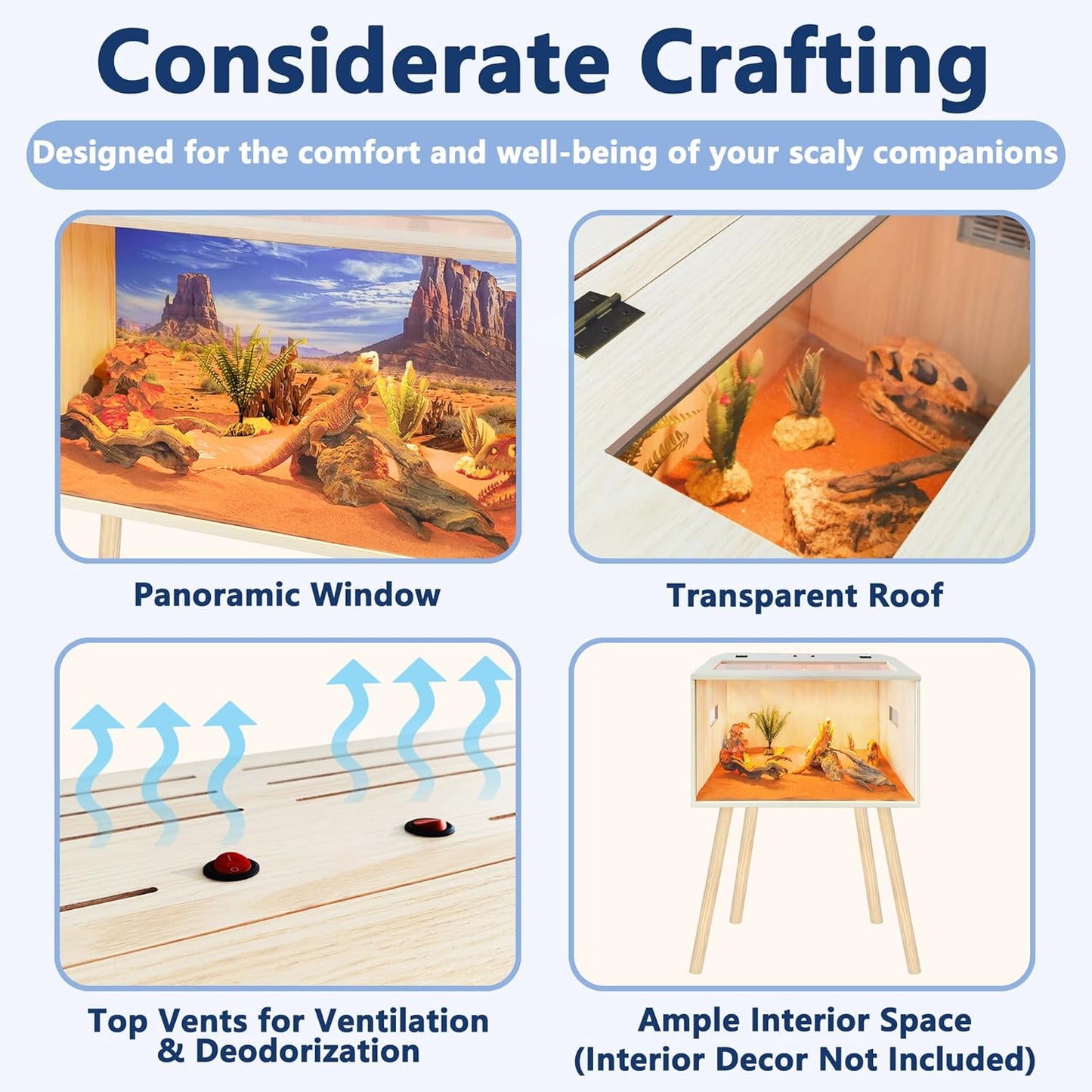 Prolee Reptile Terrarium, Lizard Tank Up to 68 Gallons, Bearded Dragon Tank with Roof Door, Snake Tank with Built-in Lamp Fixture and Switch, with Leg Stand (Oak, 21 Gallons, 24" Length)