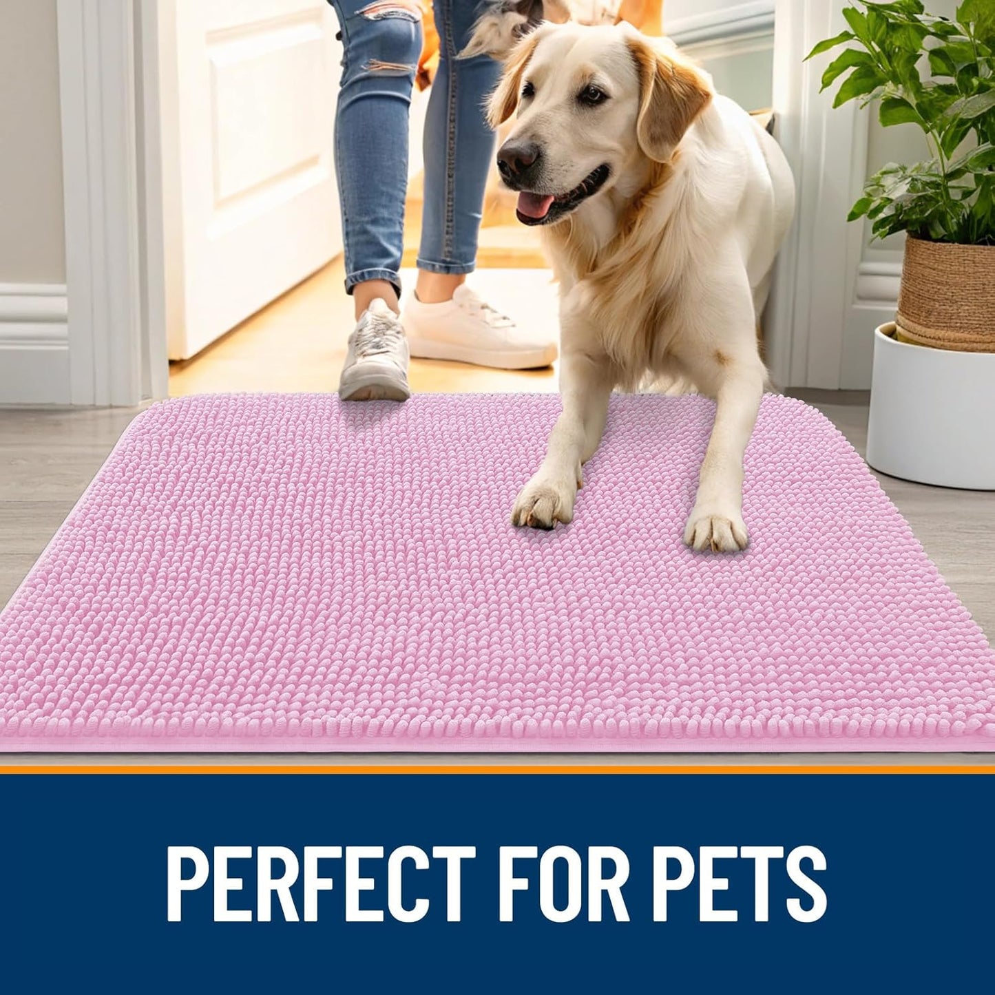 OLANLY Dog Door Mat for Muddy Paws 48x30, Absorbs Moisture and Dirt, Absorbent Non-Slip Washable Doormat, Quick Dry Chenille Mud Mat for Dogs, Entry Indoor Entryway Carpet for Inside Floor, Pink