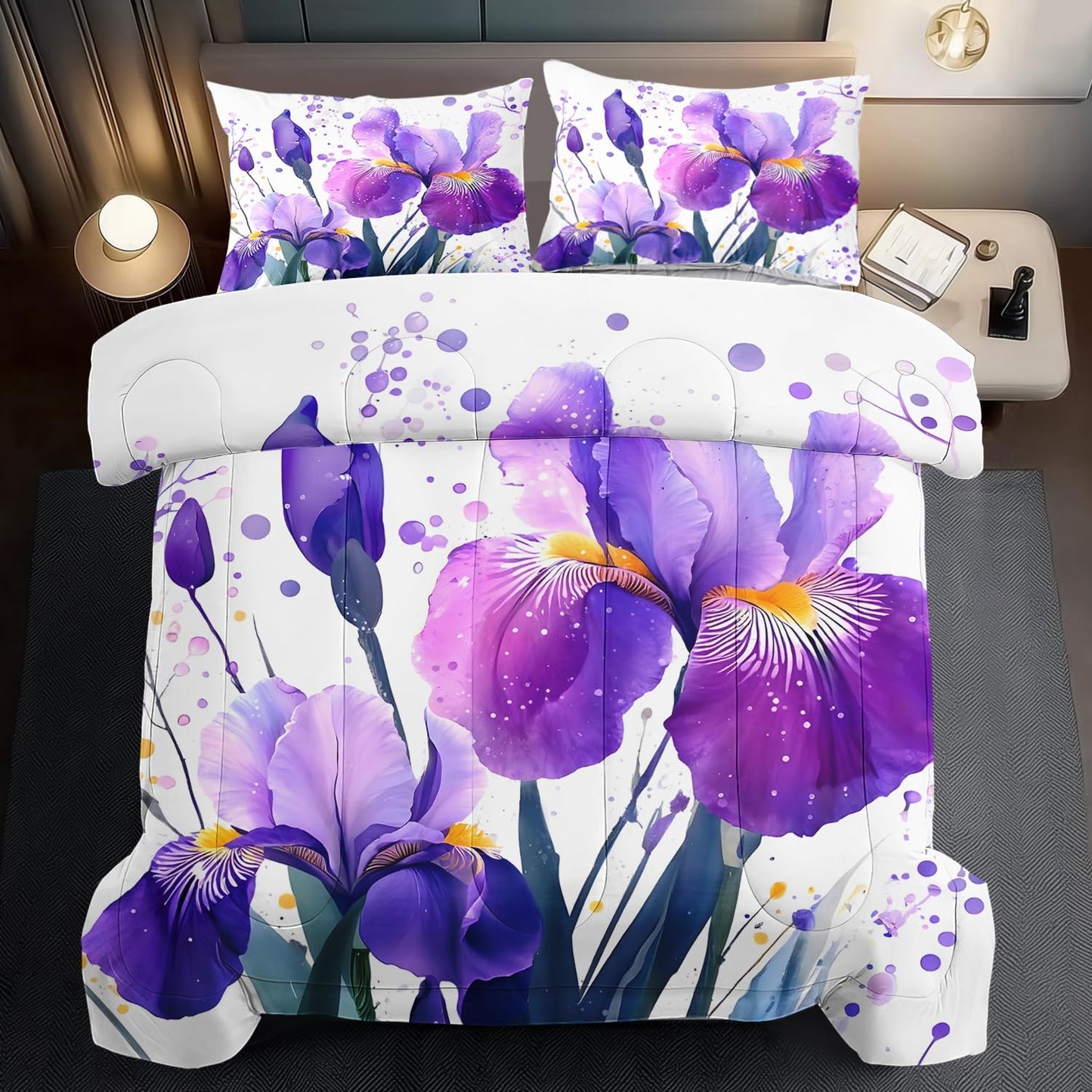Purple Floral Comforter Set Full Size Woman,Purple Iris Comforter for Girls,Pink Flower Bedding Set Full Bedroom Decor,Floral Bedding Quilt Bed Decor Pink for Kids and Adults