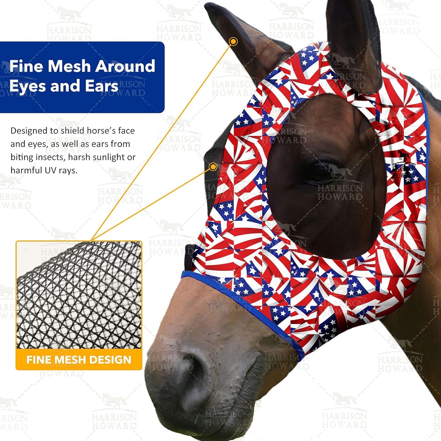 Harrison Howard Super Comfort Stretchy Fly Mask Large Eye Space with UV Protection Soft on Skin with Breathability Flag Grid M