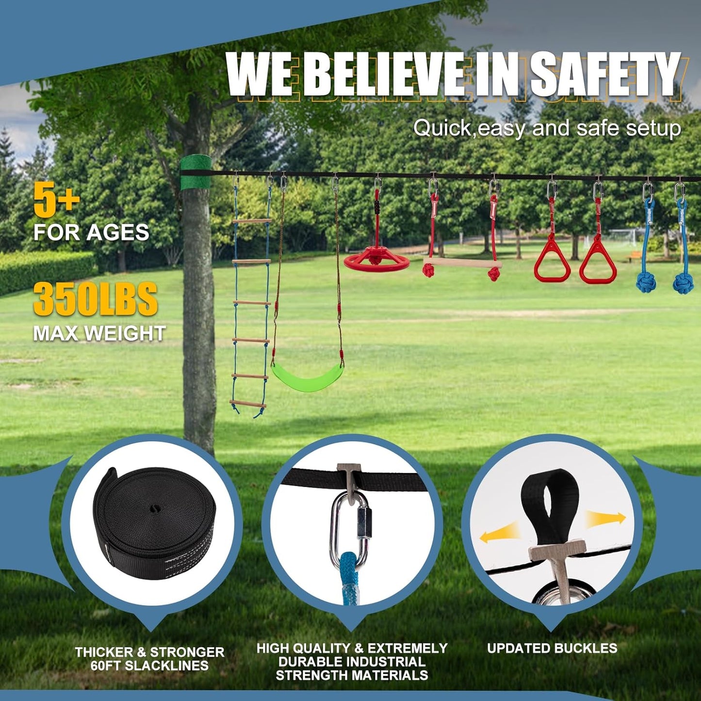 Slsy 60FT Ninja Warrior Obstacle Course (10 Obstacles), Ninja Slackline Kit for Kids, Durable Playset Equipment with 10 Complete Set-Monkey Bar,Swing, Climbing Ladder & Net