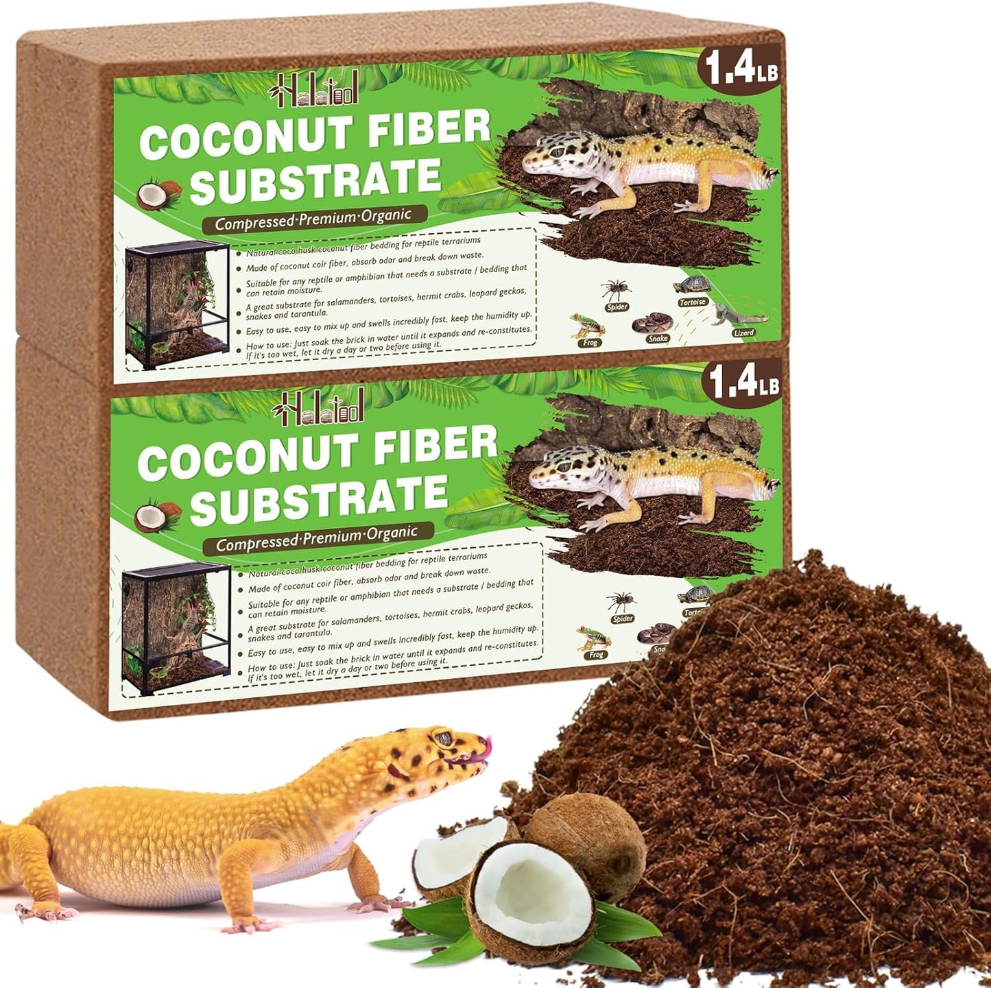 Halatool 2Pack Leopard Gecko Substrate Natural Coconut Fiber Substrate for Reptiles Premium Coco Husk Terrarium Bedding for Tortoise Habitat Snake Lizard Hermit Crab Tarantula Enclosure Worm Bin Frog