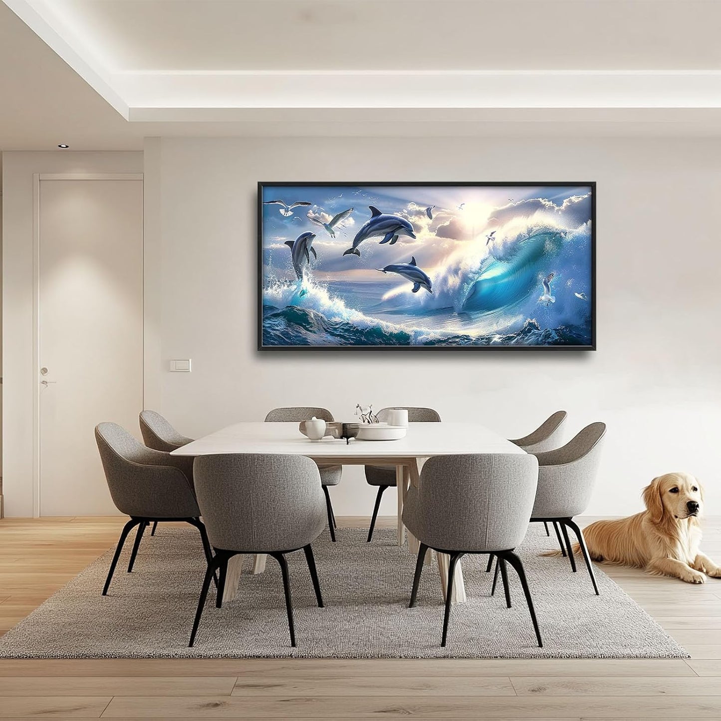 Dolphin Seagull Large Wall Art Sea Ocean Waves Sunrise Pictures Wall Decor Nautical Coastal Canvas Print Painting Artwork for Bathroom Living Room Bedroom 60L" x 30W"