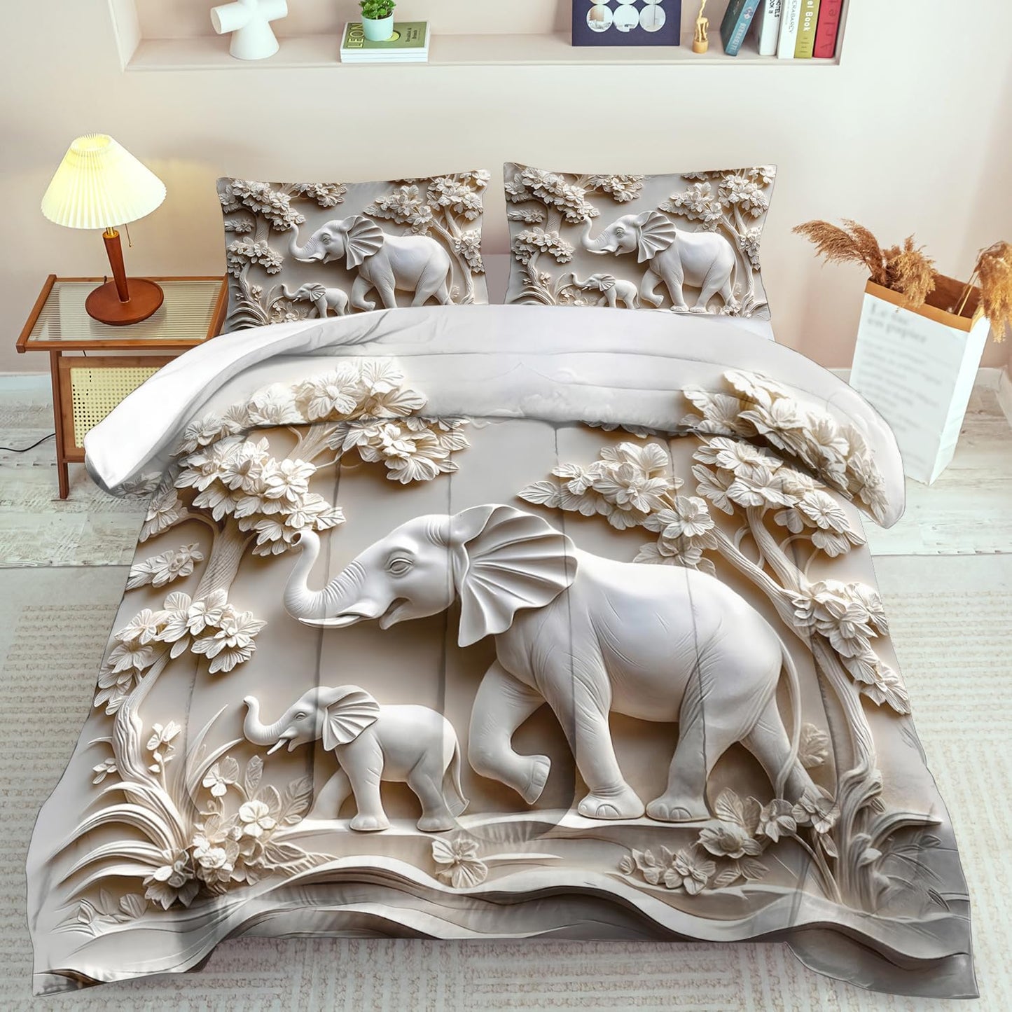Elephant Comforter Set Twin Adult, White Animal Bedding Set Twin for Man, Cute Animal Comforter for Kids,Elephant Quilt Pattern White Bedroom Decor Womens, Relief Bedding