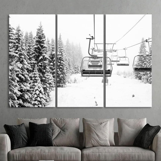 Nature Wall Art Prints - Ocean Forest Mountain Lake Canvas Landscapes - Small to Extra Large Living Room Bedroom Kitchen Bathroom Décor (Ski Lift on Snowy Mountain, 47L" x 71W" - 3 panels)