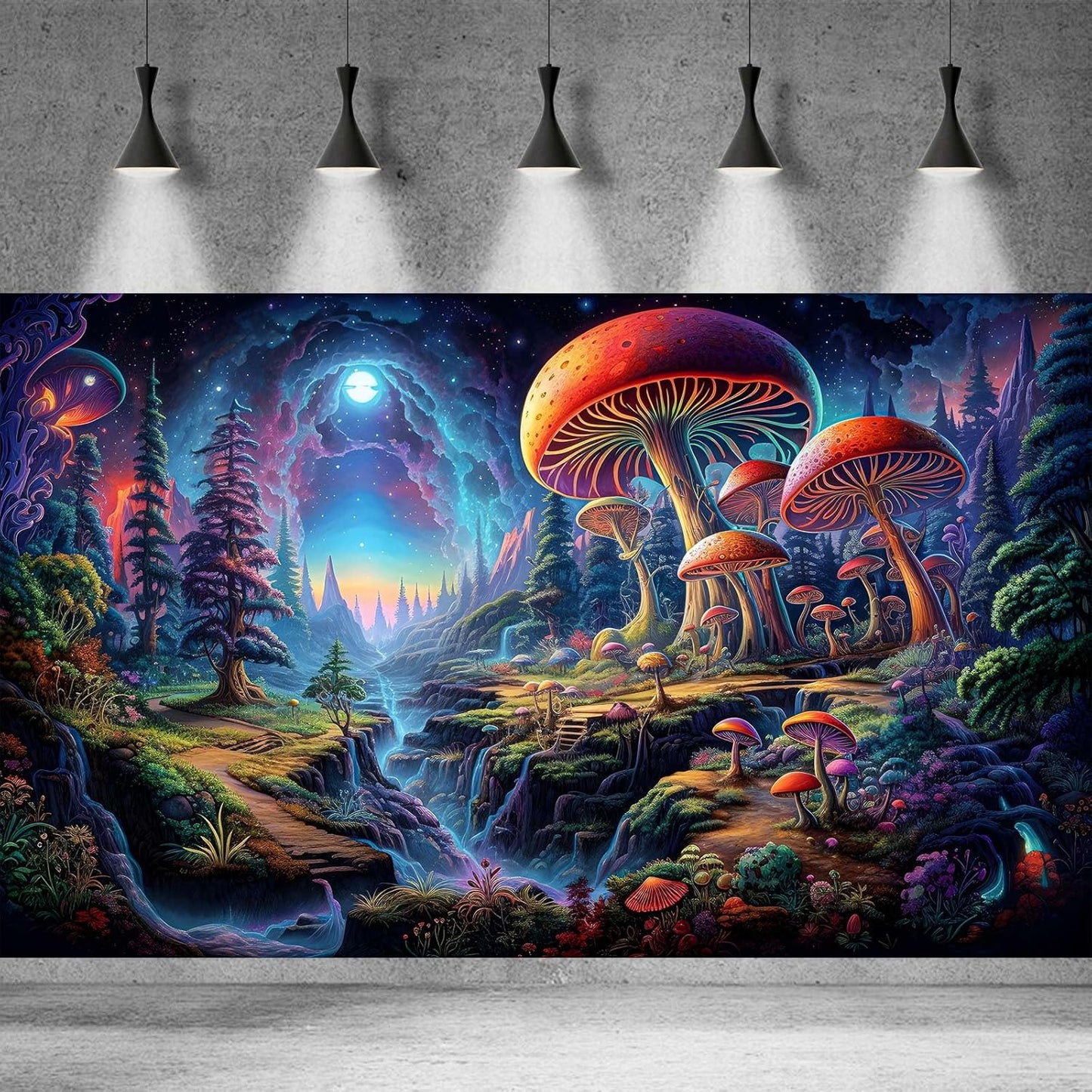 Forest Aquarium Background Fantastic Cartoon Forest Landscape with Mushrooms and Flowers Terrarium Background Fantasy Pine Tree Mysterious Mushroom Theme Fish Tank Backdrop Poster Decor 48x20in