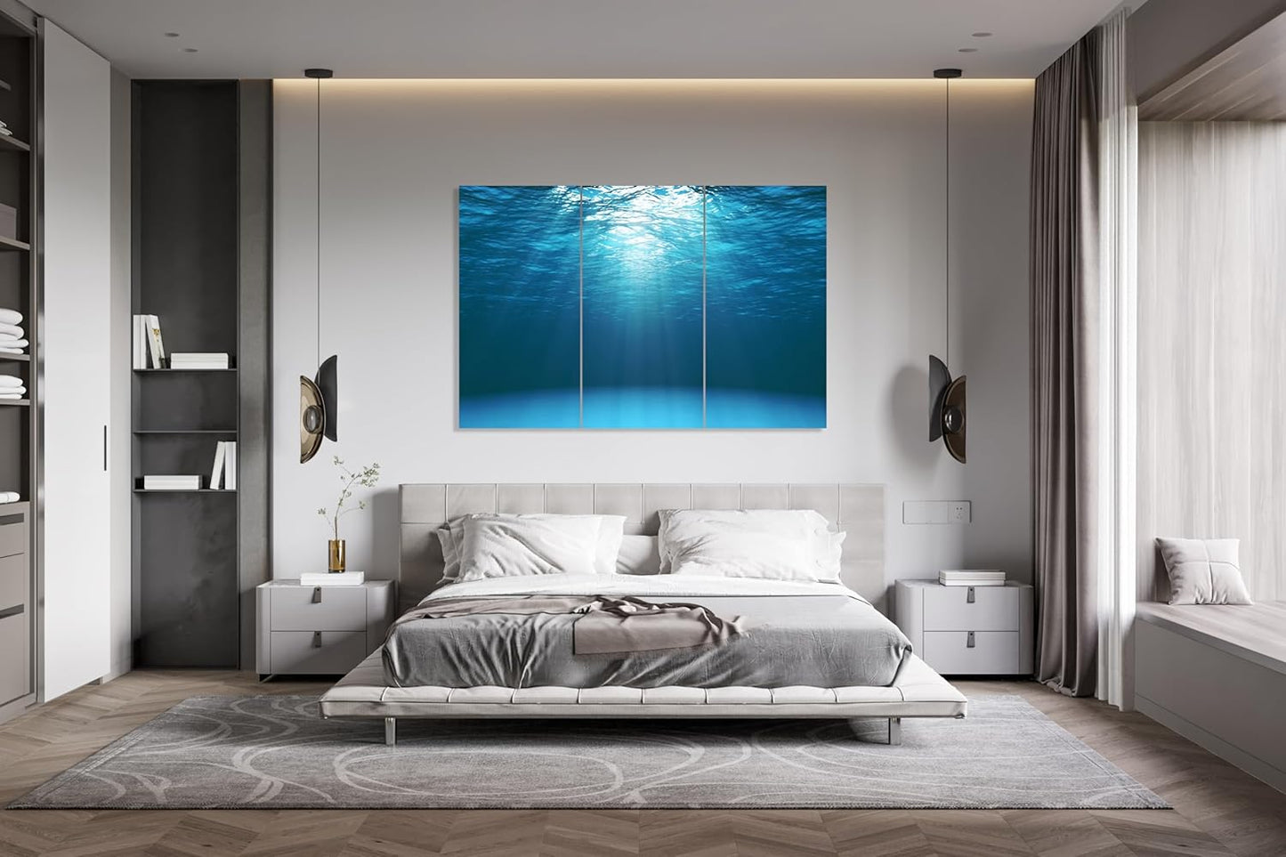 Nature Wall Art Prints - Ocean Forest Mountain Lake Canvas Landscapes - Small to Extra Large Living Room Bedroom Kitchen Bathroom Décor (Sun Rays Under Water, 55L" x 83W"- 3 Panels)