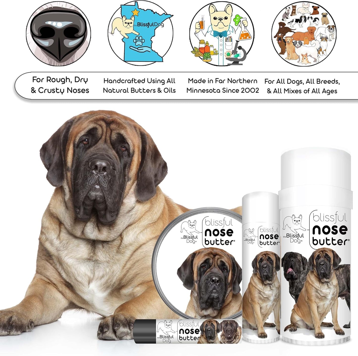 The Blissful Dog Mastiff Nose Butter for Dry, Cracked Skin, Lick-Safe Dog Nose Balm with Moisturizing Shea Butter, Almond, Olive, and Essential Oils, Pet Supplies, Uncented, 4 oz.