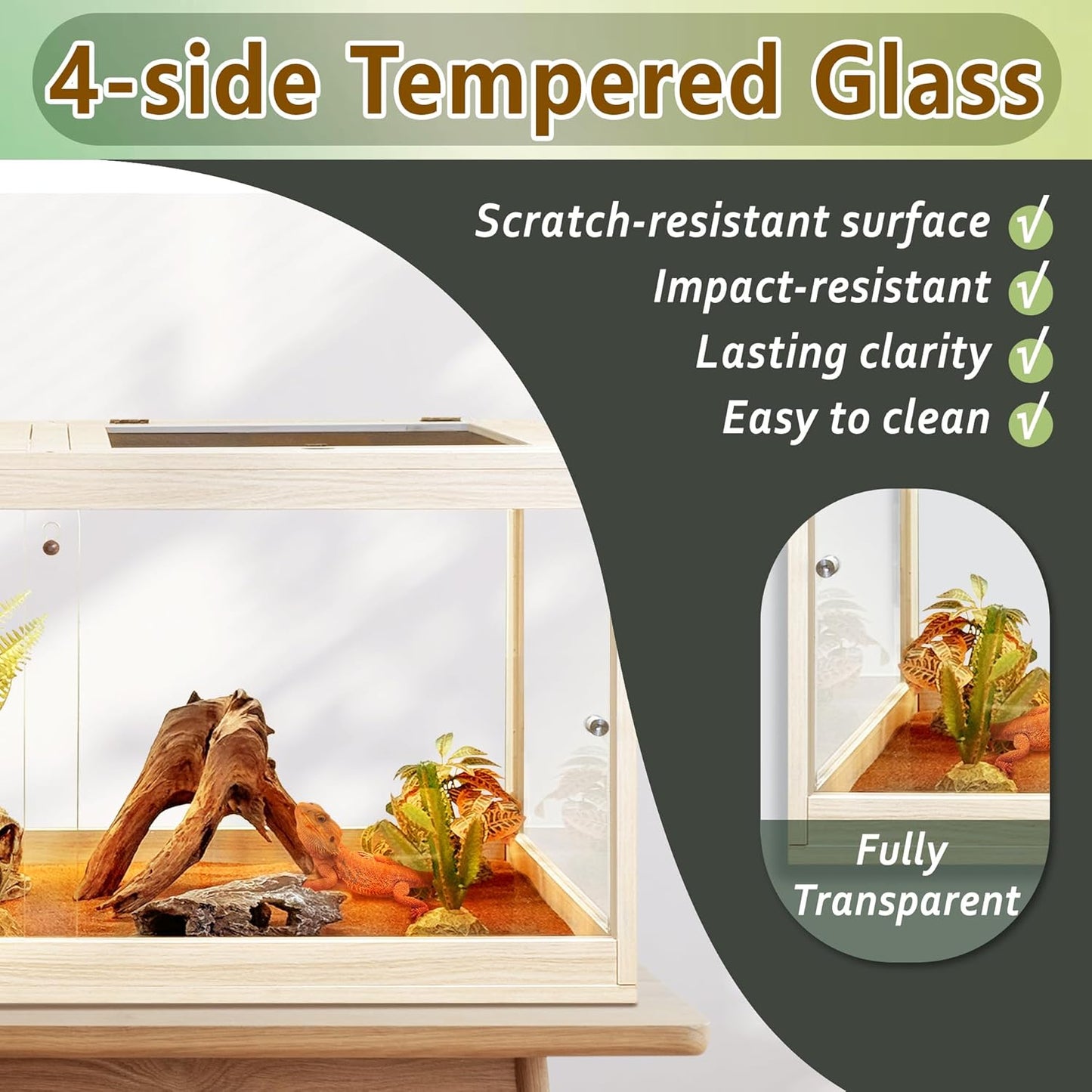PROLEE Tempered Glass Bearded Dragon Tank,28 Gallon Reptile Tank with Meatl Mesh Roof and Front Sliding Door, Anti-Scratch Lizard Tank,Spacious Reptile Enclosure for Snakes,Lguanas, Chameleons(Oak)