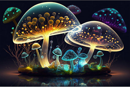 Mushroom Aquarium Background Abstract Glowing Fantasy Mushrooms Terrarium Background Mysterious Forest Magical Night In Circle Shape Crystal Glass Fish Tank Backdrop Decorations Vinyl 36x18in