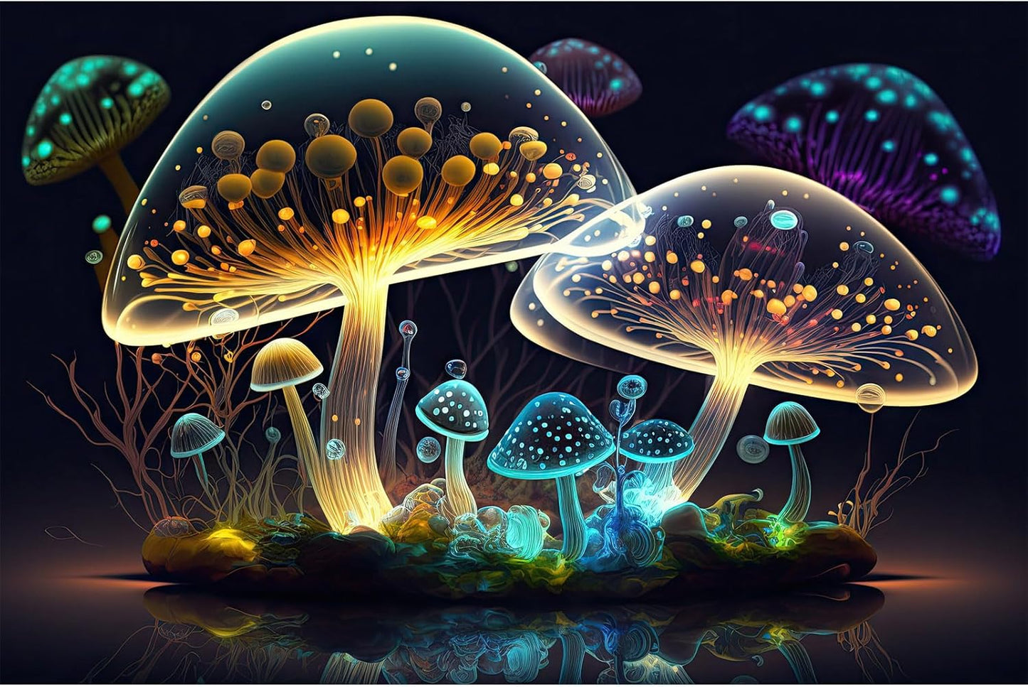 Mushroom Aquarium Background Abstract Glowing Fantasy Mushrooms Terrarium Background Mysterious Forest Magical Night In Circle Shape Crystal Glass Fish Tank Backdrop Decorations Vinyl 48x20in