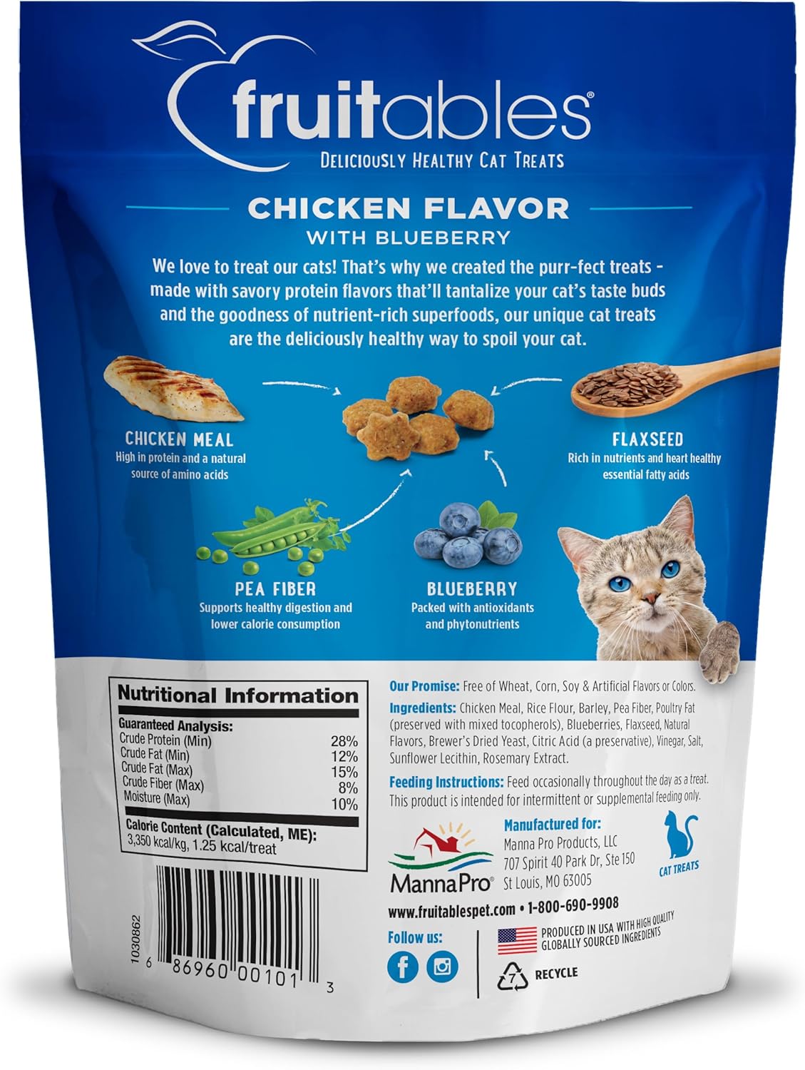 Fruitables Cat Treats Crunchy Cat Treats Packed with Protein Healthy Low Calorie Free of Wheat, Corn and Soy Made with Real Chicken and Blueberry 30 Ounces