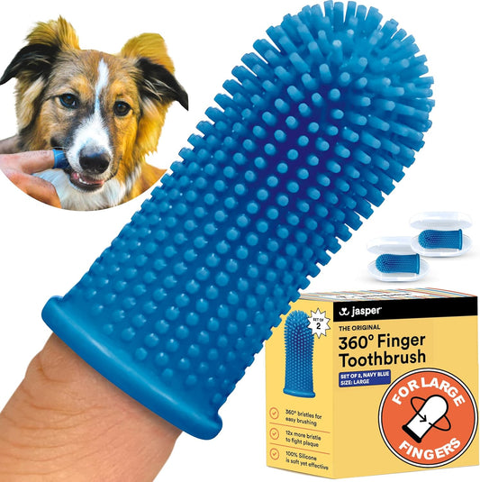 Jasper Large Dog Toothbrush, 360 Degree Pet Tooth Brushing Kit, Cat Toothbrush, Canine Dental Care & Teeth Cleaning Kit, Pet Finger Tooth Brush, Use with Dog Toothpaste, 2-Pack Navy-Blue Large