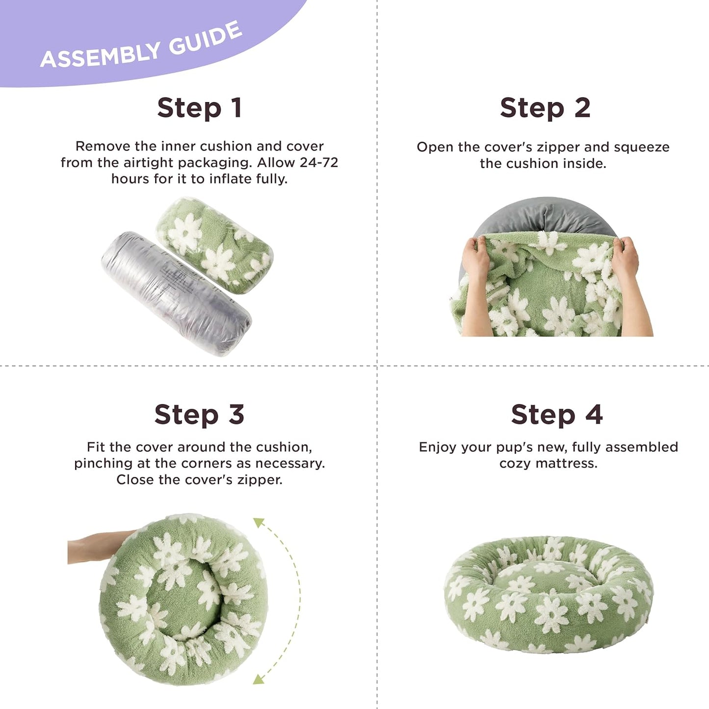 LE SURE Donut Medium Dog Bed - Round Cat Beds for Indoor Cats Calming Pet Beds, Cute Modern Beds with Jacquard Shaggy Plush & Anti Slip Bottom, 30 Inch, Green