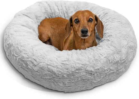 Best Friends by Sheri Original Calming Donut Dog and Cat Bed, Lux Faux Fur, Gray, (23in x 23in) - Anxiety Relief for Pets Up to 25 lbs
