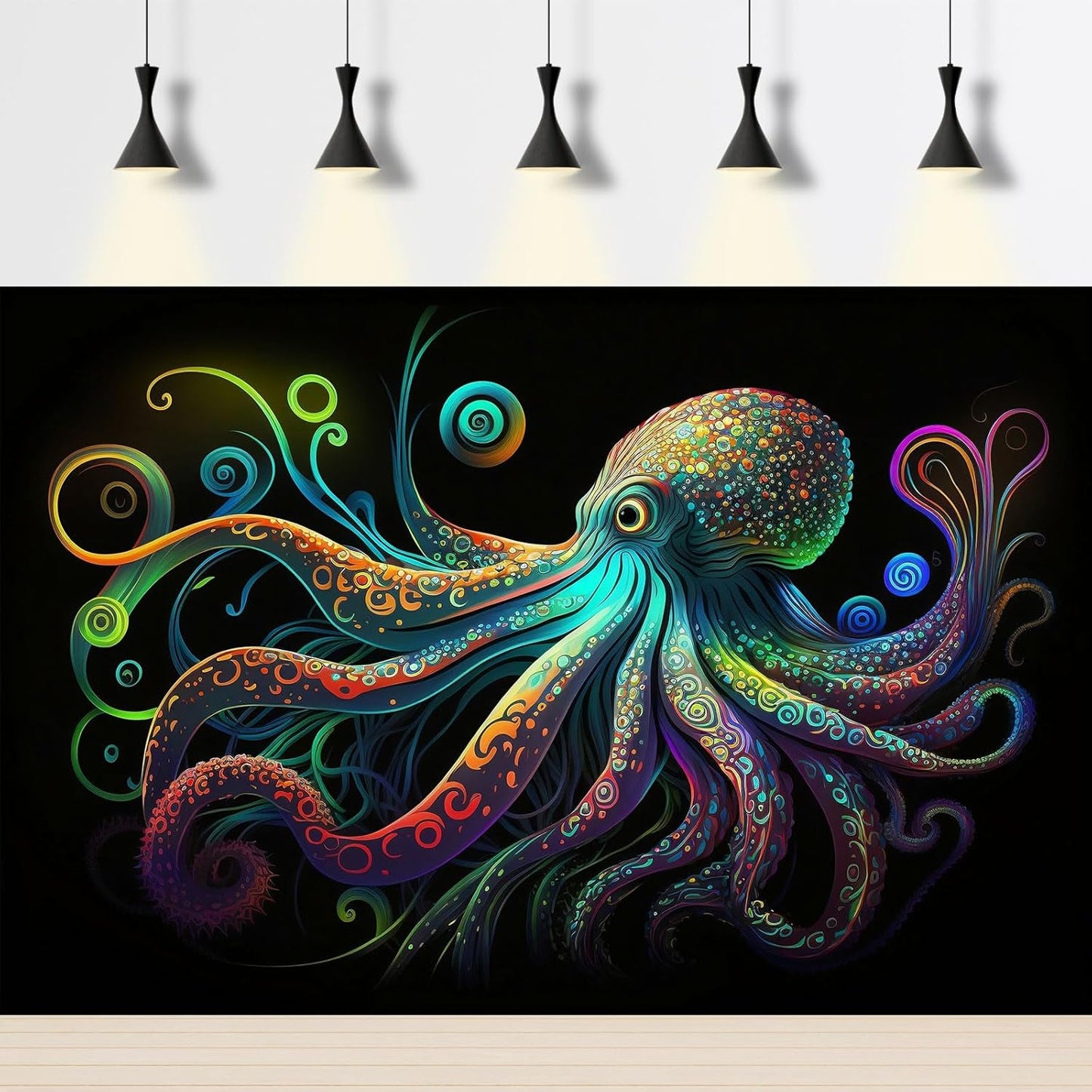 Octopus Aquarium Background Exquisite Colorful Octopus Terrarium Background Glowing Octopus on Black Background Fish Tank Backdrop Octopus Backdrops Poster Wallpaper Decorations Vinyl 48x20in