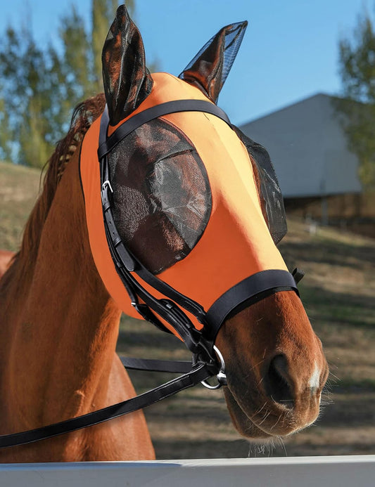 Horse Fly Mask with Ears, UV Protection Mask for Horses, Elasticity Mask with Big Mesh Eye Covers, Snug Fitting Comfortable Lightweight Red Orange Cob