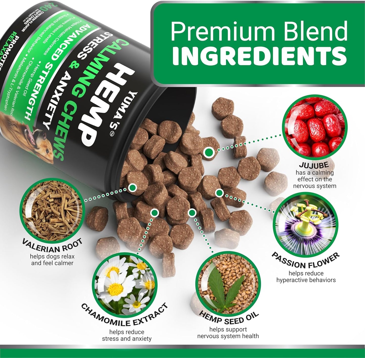 Hemp Calming Chews for Dogs - 240 Treats - Advanced Dog Calming Chews - Anxiety Relief Supplement Treats with Melatonin - Sleep Aid for Separation, Barking, Stress, Hip and Joint Support Made in USA