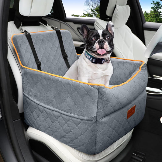 Dog Car Seat for Small Medium Dogs, Memory Foam Puppy Dog Booster Seat with Thick Cushion for Dogs Under 35lbs, Detachable Washable Pet Car Seat Travel Bed with Storage Pockets,2 Safety Belts