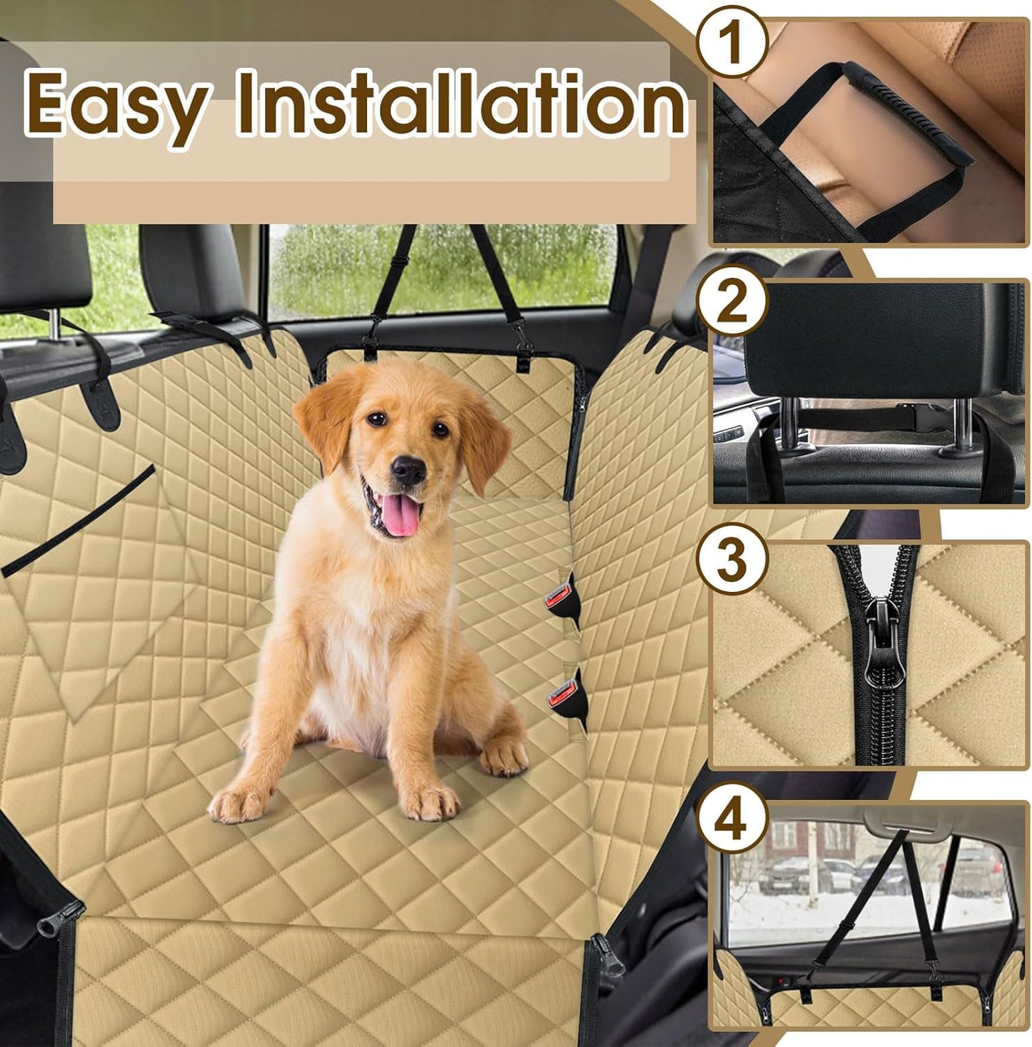 Waterproof Dog Car Seat Cover for Back Seat - Durable, Scratch Proof Pet Hammock with Nonslip Design & Storage Pockets, Fits Cars, SUVs, Trucks - L, Khaki/Black
