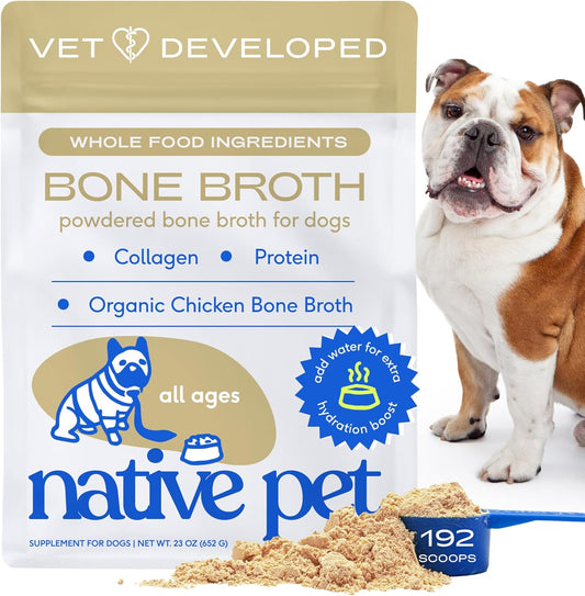 Native Pet Bone Broth for Dogs and Cats - Chicken Bone Broth Powder Dog Food Toppers for Picky Eaters - Provides Extra Nutrition for Joint Strength, Immune Support & Heart Health - 192 Scoops