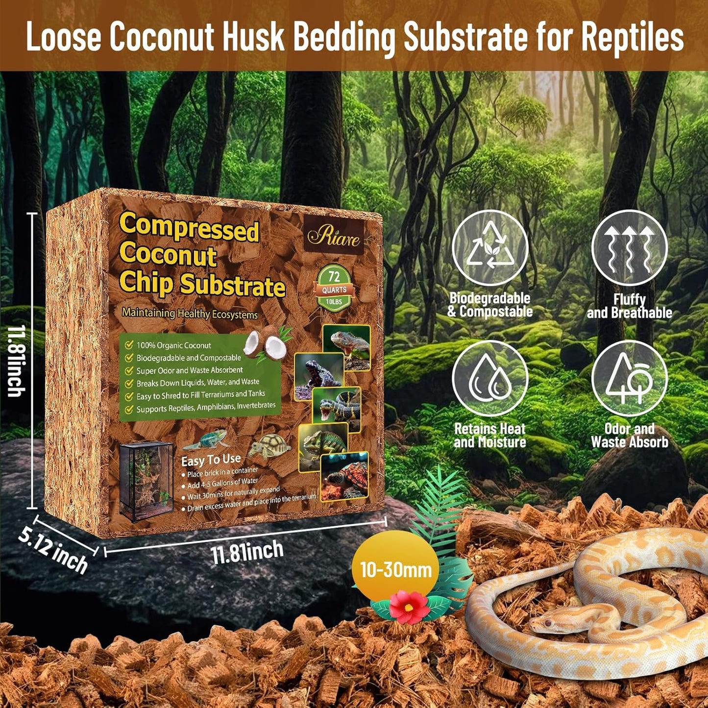 Riare 10LB Coconut Chip Substrate for Reptiles, 72 Quart Coconut Fiber Substrate Coco Chips Substrate Coconut Husk Bedding for Snakes, Tortoises, Ball Python, Bearded Dragon, Geckos, Lizards, Frogs