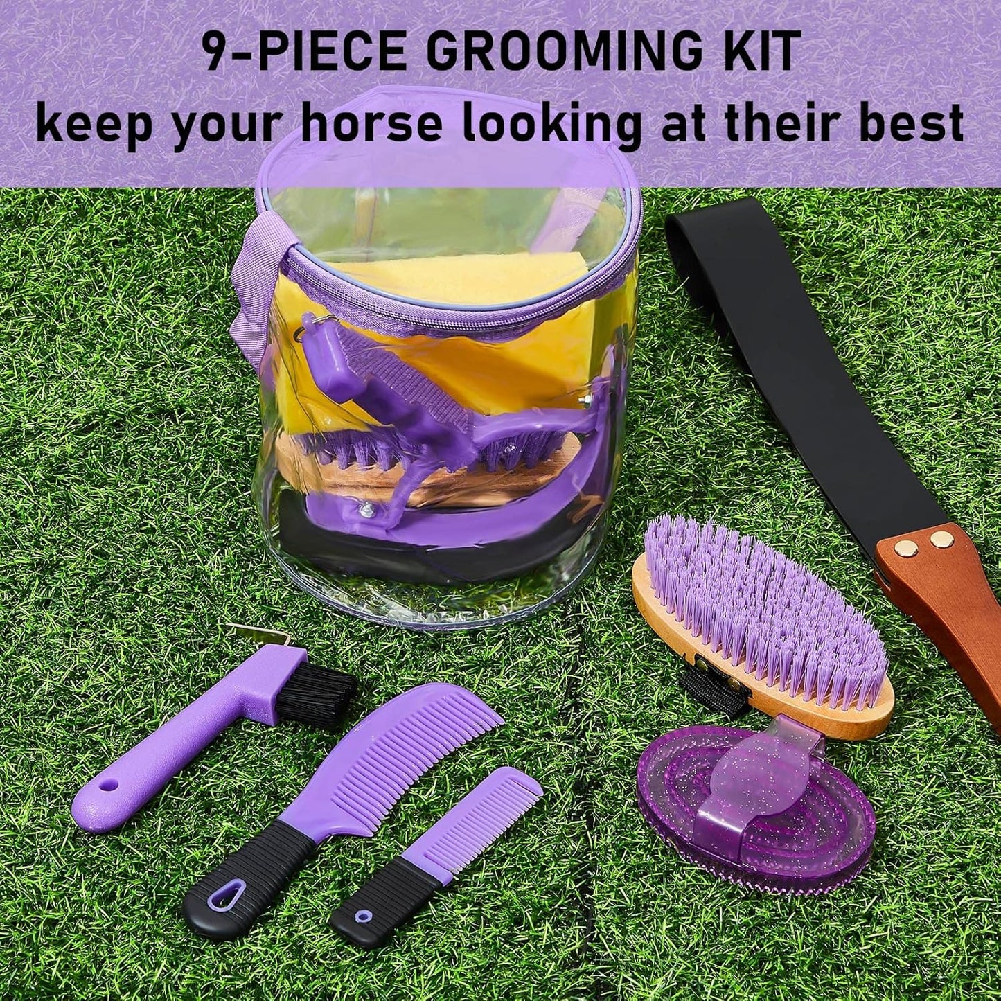 9 Pieces Horse Grooming Kit Tack Room Supplies Set with Organizer Tote Bag, Oval Massage Curry, Hard and Soft Brush, Hoof Pick, Sweat Scraper, Bathing Sponge, Combs for Horse Riders Beginners (Purple)