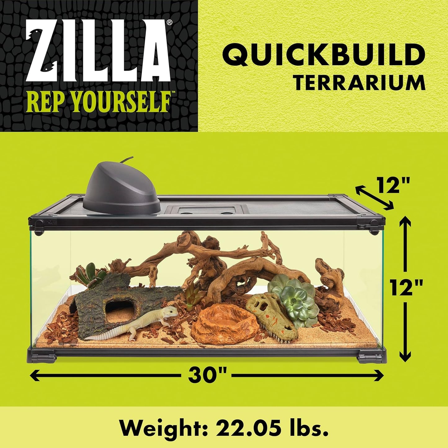 Zilla QuickBuild Reptile 20 Gallon Glass Terrarium Habitat with Bedding Tray For Geckos, Snakes, Lizards, Frogs, Turtles, and Tortoises, 30" x 12" x 12"