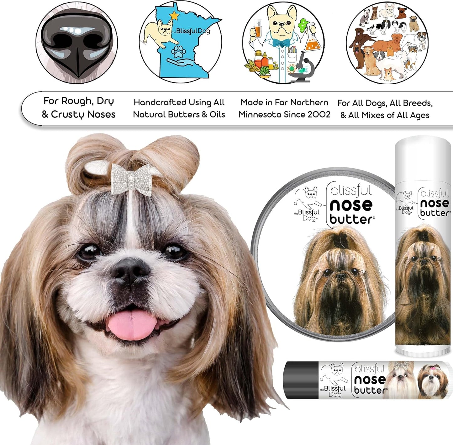 The Blissful Dog Shih Tzu Nose Butter for Dry, Cracked Skin, Lick-Safe Dog Nose Balm with Moisturizing Shea Butter, Almond, Olive, and Essential Oils, Pet Supplies, Uncented, 1 oz.