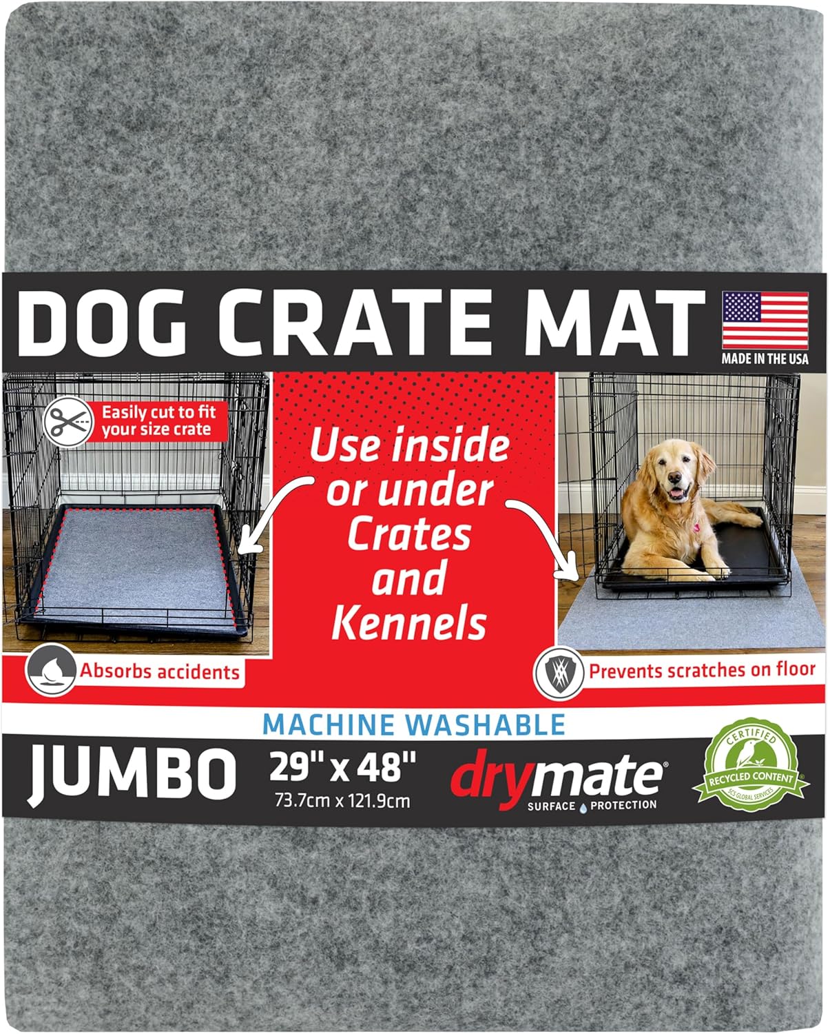 Drymate Dog Crate Mat Liner, Absorbs Urine, Waterproof, Non-Slip, Washable Puppy Pee Pad for Kennel Training - Use Under Pet Cage to Protect Floors, Thin Cut to Fit Design (USA Made) (LGrey)(29"x48")