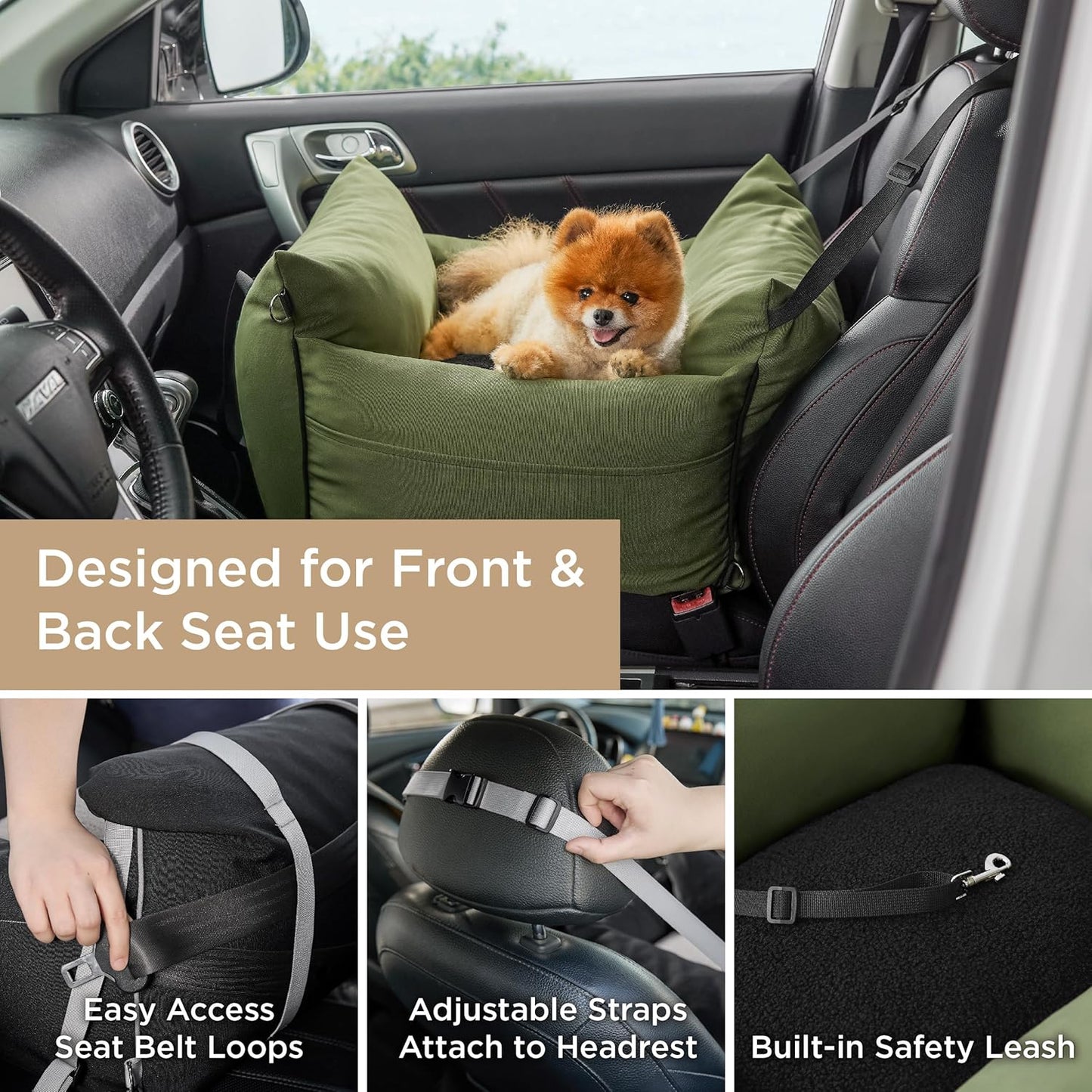 Lesure Small Dog Car Seat for Small Dogs - Waterproof Dog Booster Seat for Car with Storage Pockets and Clip-On Safety Leash and Thickened Memory Foam Filling, Pet Travel Carrier Bed Cypress Green