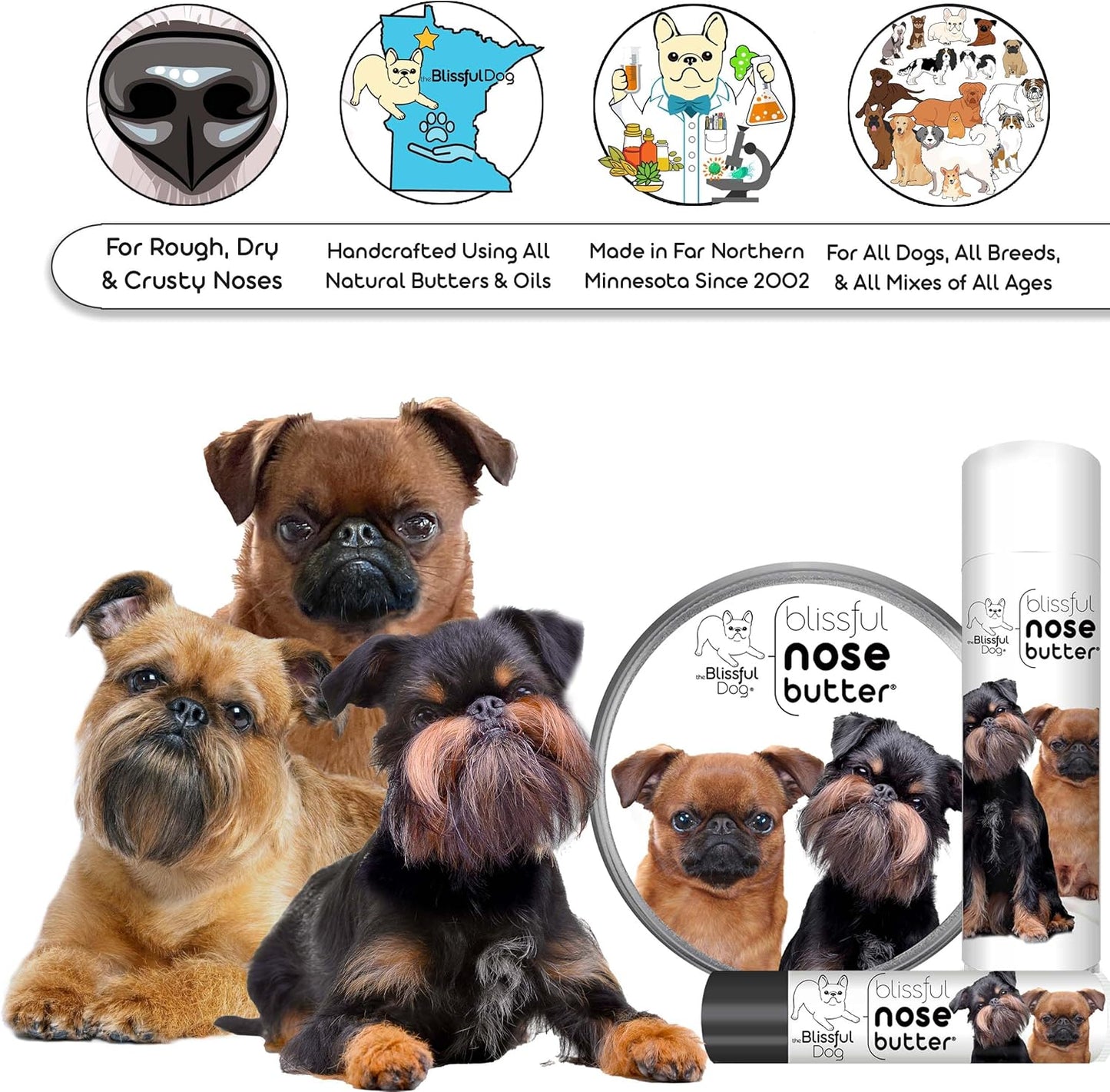 The Blissful Dog Brussels Griffon Nose Butter for Dry, Cracked Skin, Lick-Safe Dog Nose Balm with Moisturizing Shea Butter, Almond, Olive, and Essential Oils, Pet Supplies, Uncented, 0.15 oz.