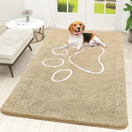 OLANLY Door Mat for Muddy Dog Paws 59x35, Ultra Absorbent Chenille Mud Doormat with Paw Print Design, Non-Slip Washable Doormat for Indoor Entryway, Quick-Dry Pet Bed Mats for Dirty Dogs, Beige