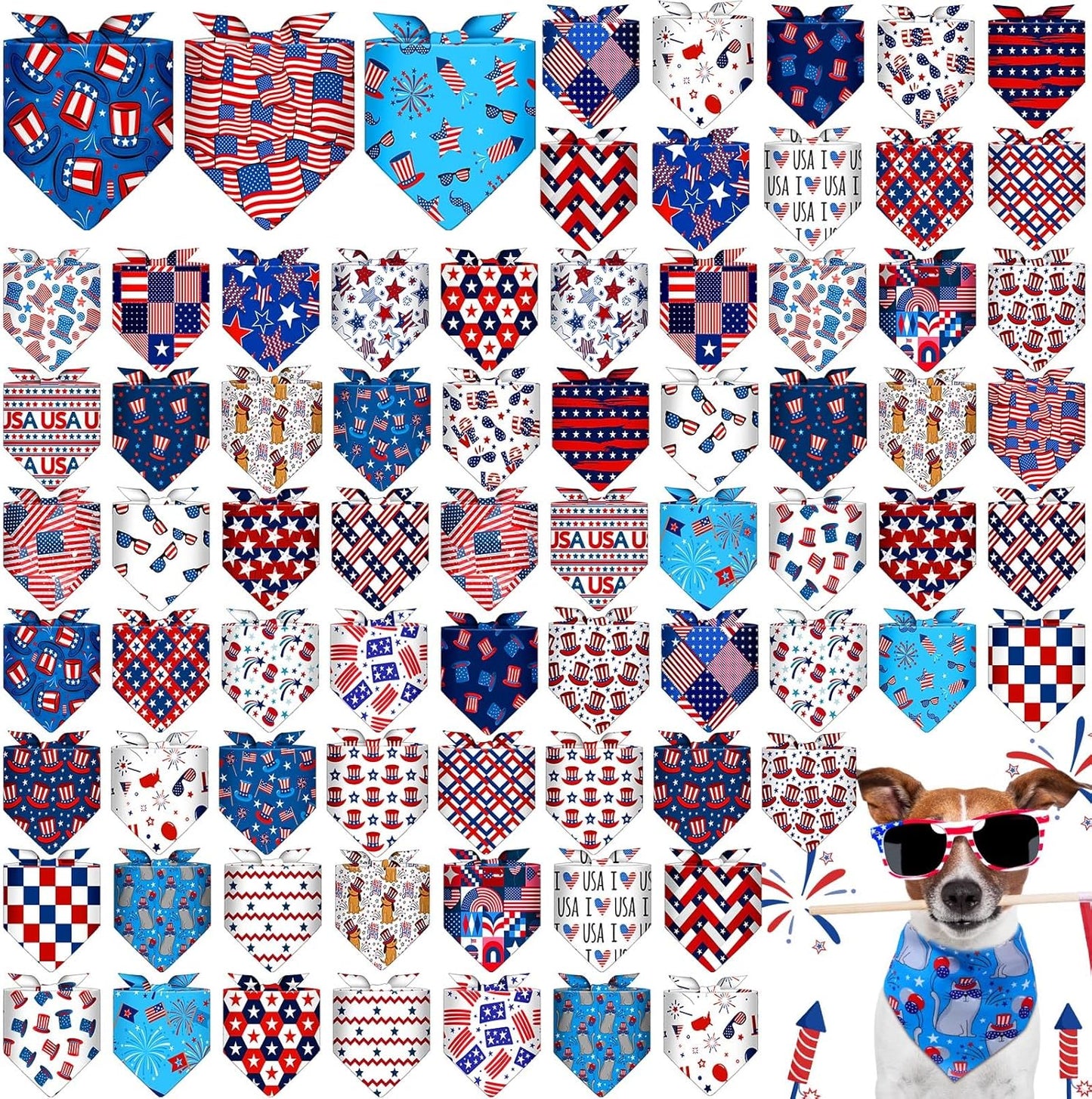 72 Pcs Veterans Day Dog Bandanas Bulk Patriotic Triangle Scarf Cat Puppy Bibs Scarf Blue White and Red Pet Bandanas for Puppy Cat Birthday Party Costume